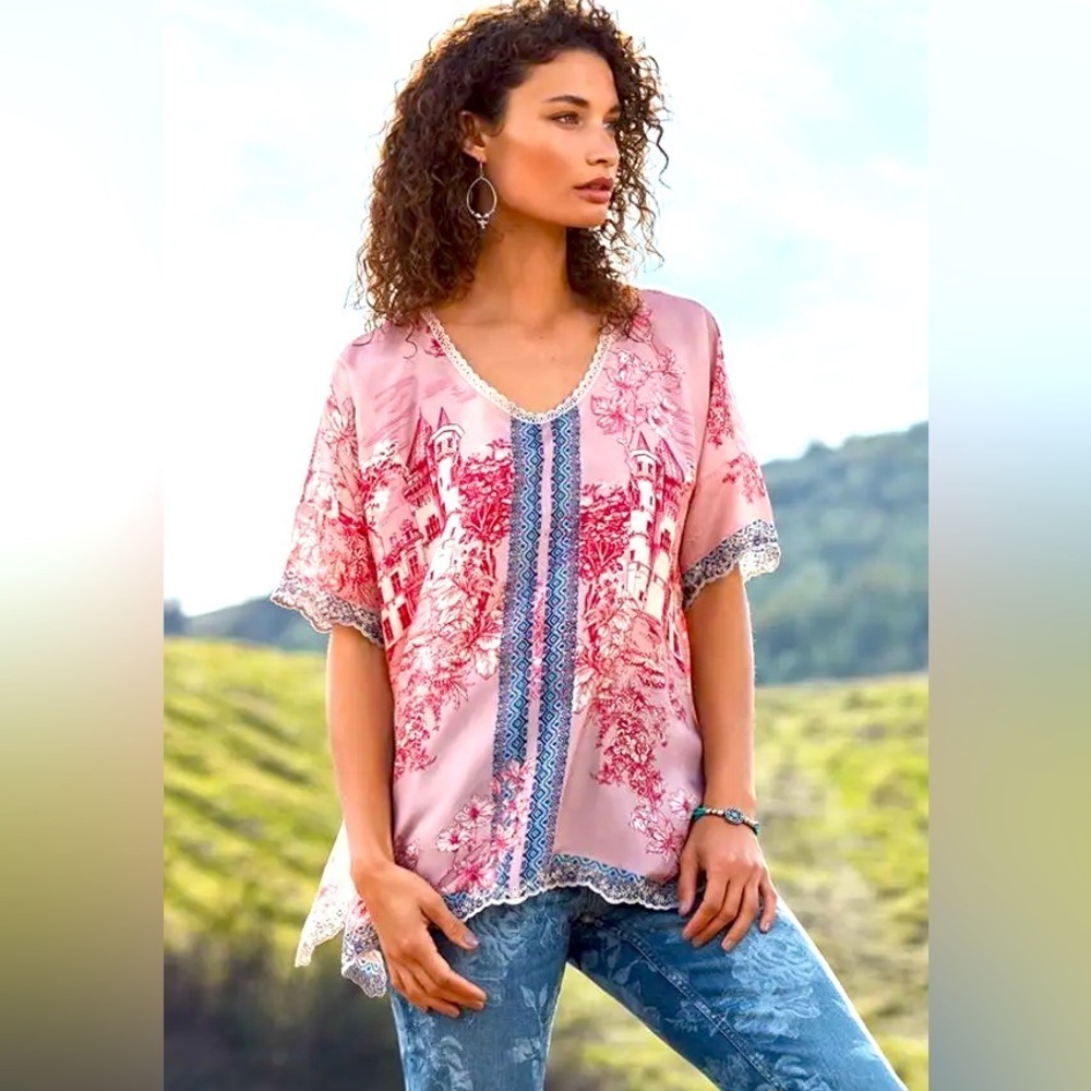 JOHNNY WAS House Hasley Blouse Top Silk Pink and Blue Toile Print